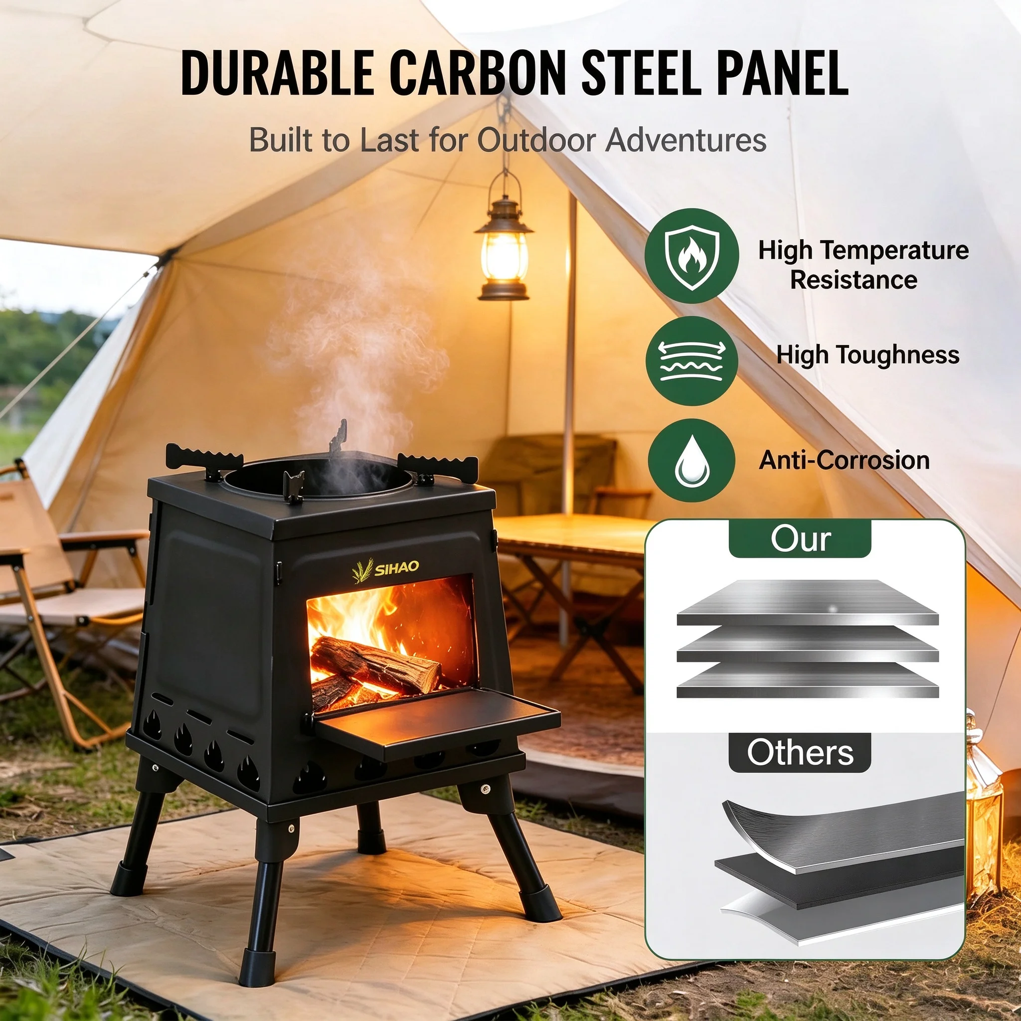 Carbon Steel Camping Wood Tent Stove Portable Burning Wood Charcoal Stove with Carry Bag Gloves Hook for Cooking Heating Camping