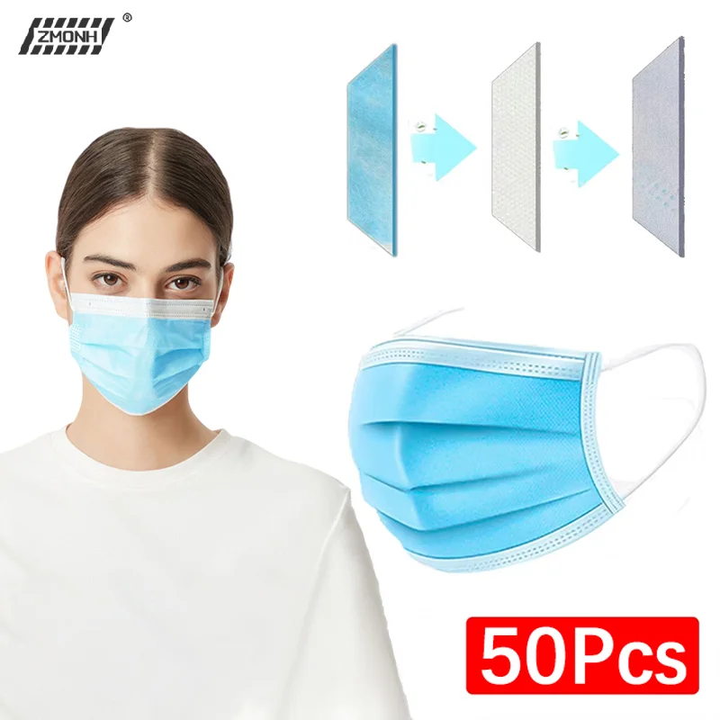 

[H]50Pcs 3-layer Mask Face Masks Melt Blown Cloth Disposable Safety Anti-Dust Protective Masks Blue Adults Non-wove Masque
