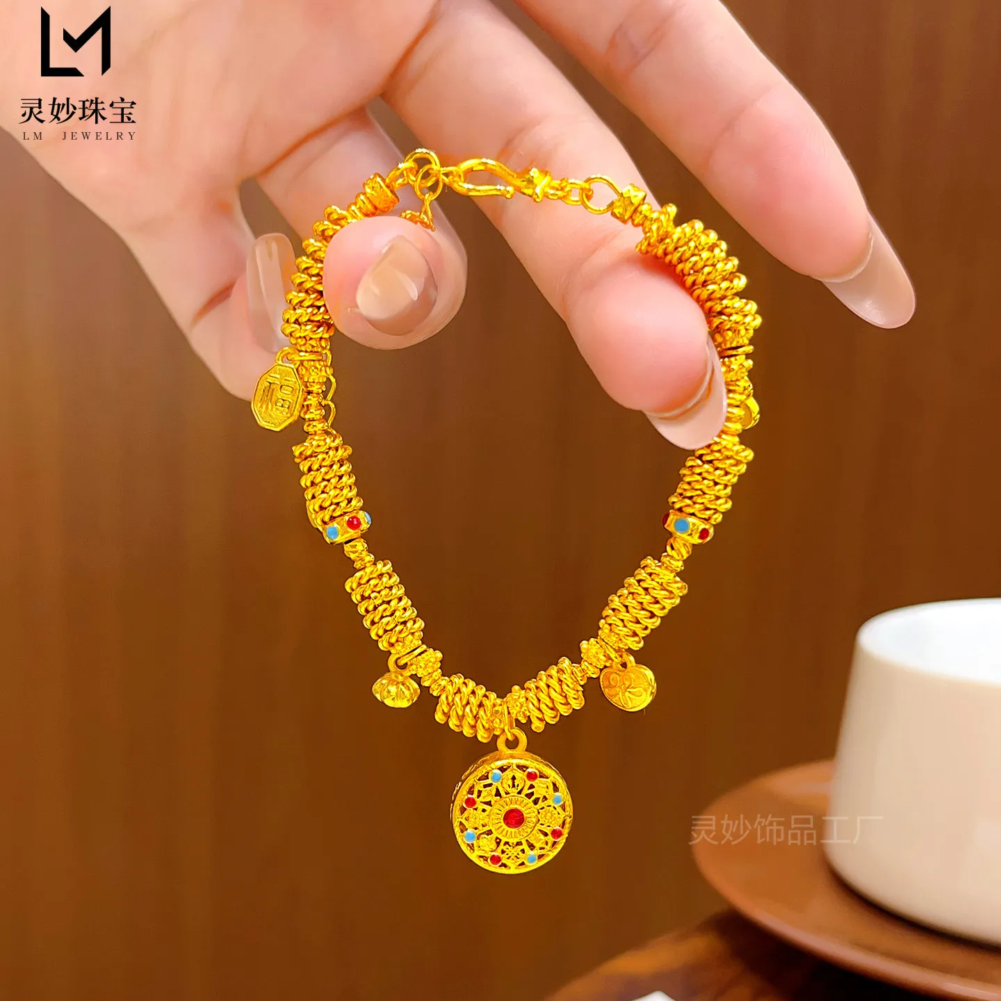 Luxury 9999 24K Solid gold certifid compass gourd wrapped bracelet enamel lucky card gift to girlfriend exquisite jewelry