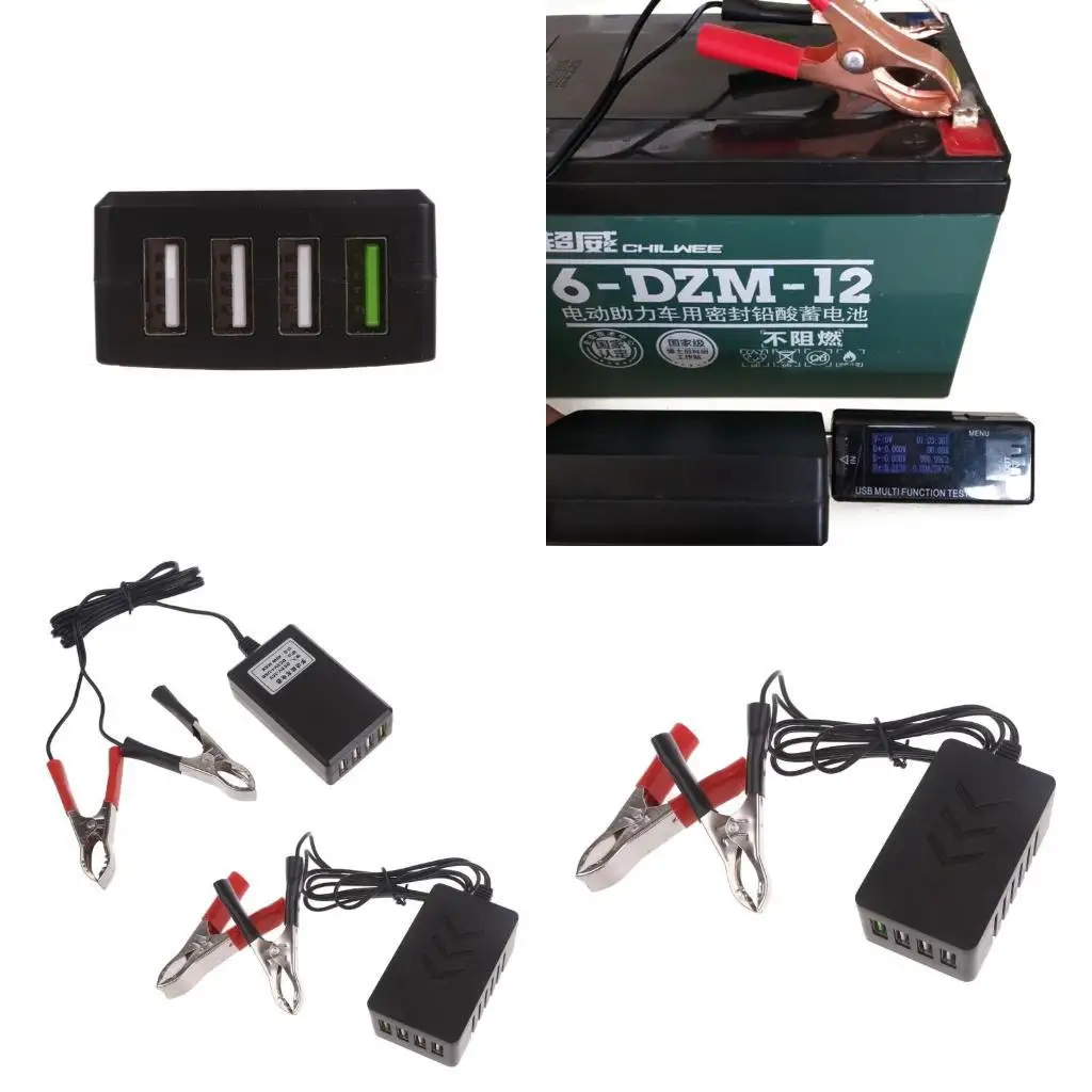 

31BA 12/24V to 5V USB Power Adapter With Battery Clip USB For Cellphone 4 USB