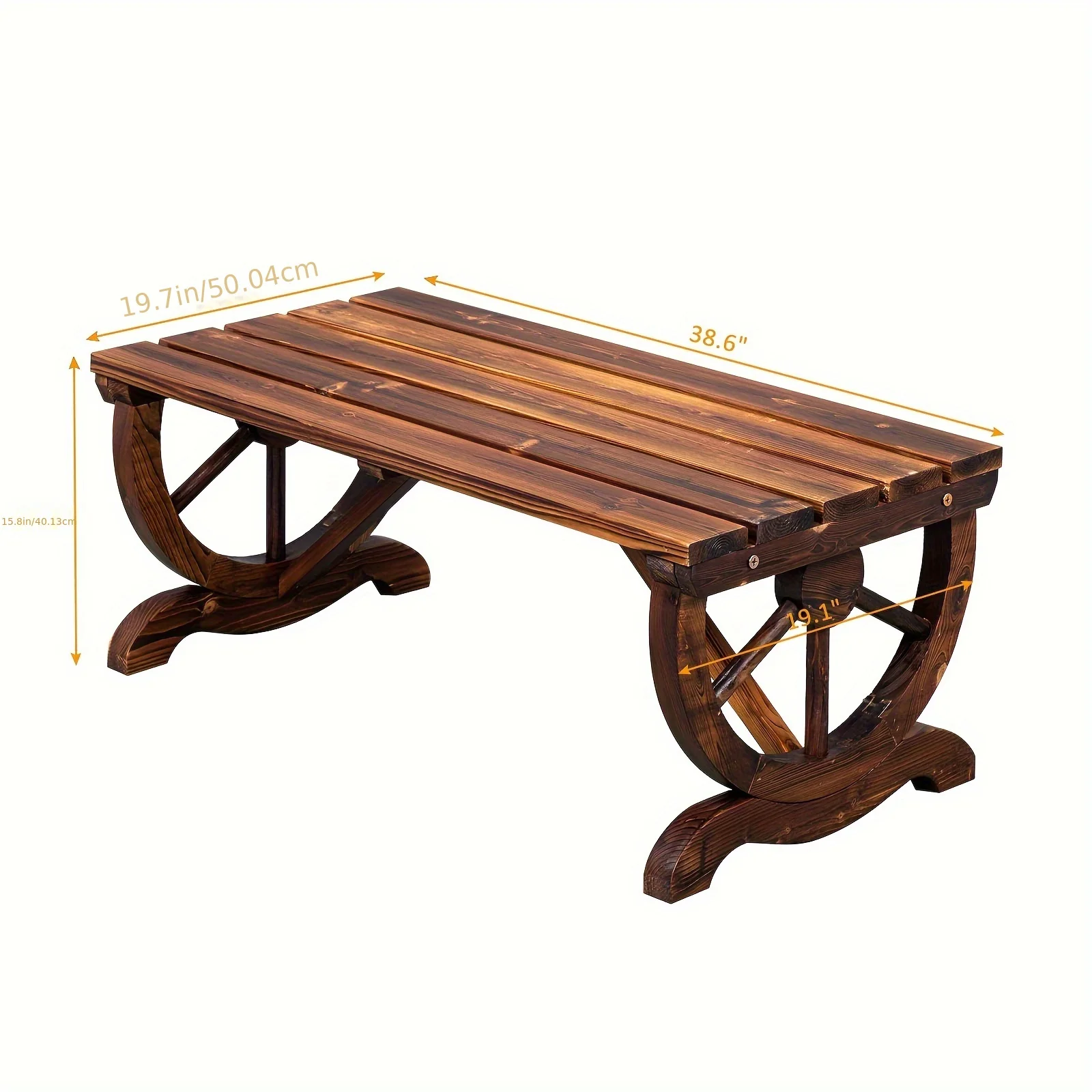 

Outdoor 2-Person Rustic Hardwood Garden Bench with Wagon Wheel Design - Heavy-Duty Brown Wood Construction, Sturdy Wide