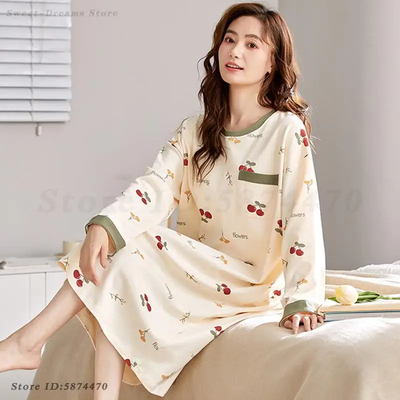 Female Long Sleeved Nightgown Spring Cotton Medium Length Sleepwear Sweet Printed Nightwear Loose Casual Home Clothes Nightdress