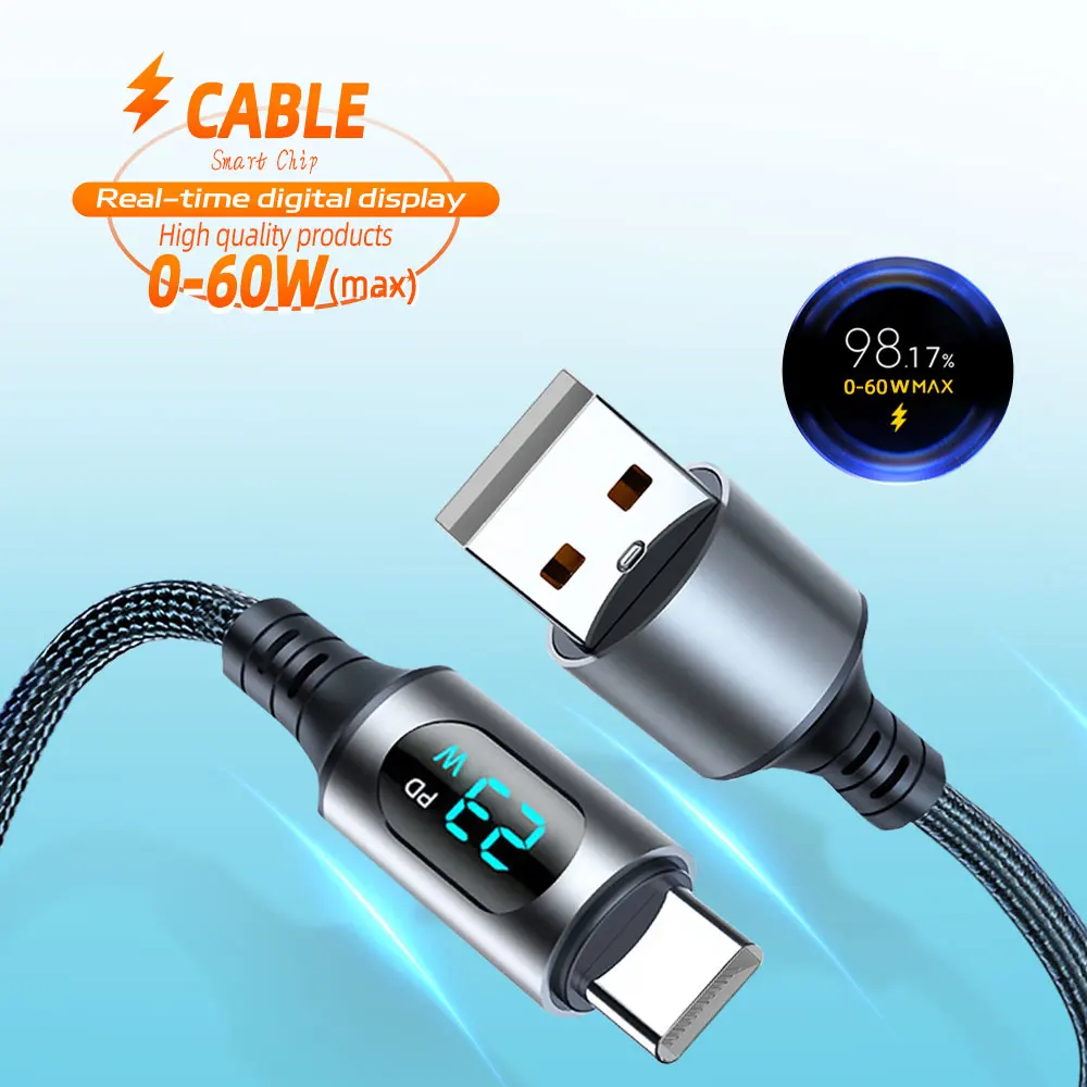 3A 60W USB A To Type C Super Fast Charge Cable Nylon Data Cord For Xiaomi Redmi POCO Samsung With Led Digital Display Cable