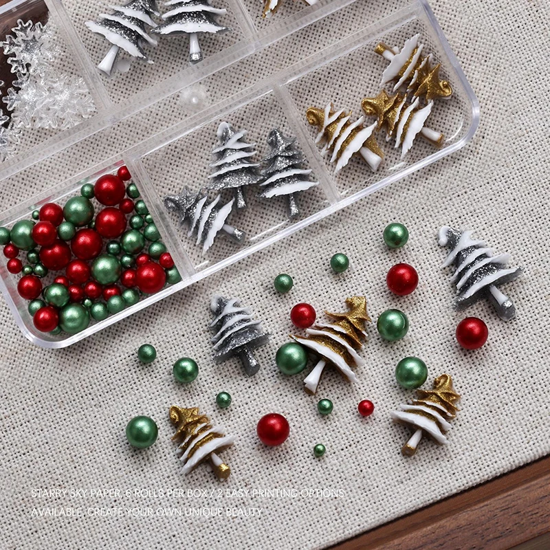 6 rejillas/caja de cuentas navideñas rojas/verdes, copos de nieve, diamantes de imitación para uñas, cuentas coloridas de tamaño mixto, dijes Nali, joyería de manicura navideña