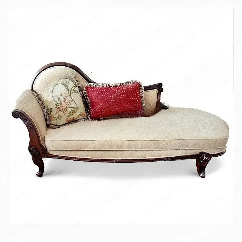 

retro solid wood fabric sofa recliner carved leisure chaise longue bedroom