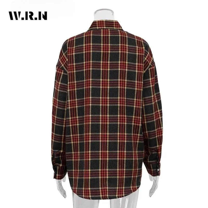 Mode Baggy Plaid femmes Blouse élégant revers à manches longues chemises et chemisiers Vintage poche à lacets haut femme 2025