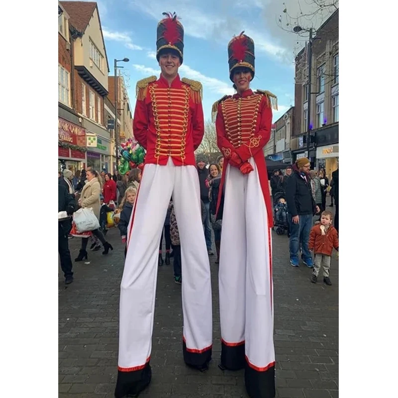 

Custom Made Toy Doll Stilt Walkers Cosplay Costume Adult Mens Red Christmas Elf Stilt Walkers Suit Women Uniform Stilt Outfit