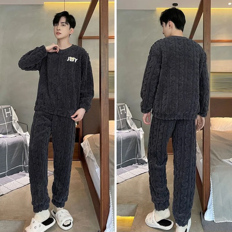 طقم بيجامات شتوية من الصوف المرجاني للرجال - ملابس نوم سميكة ودافئة للخريف والشتاء، ملابس منزلية مريحة بمقاسات كبيرة #5