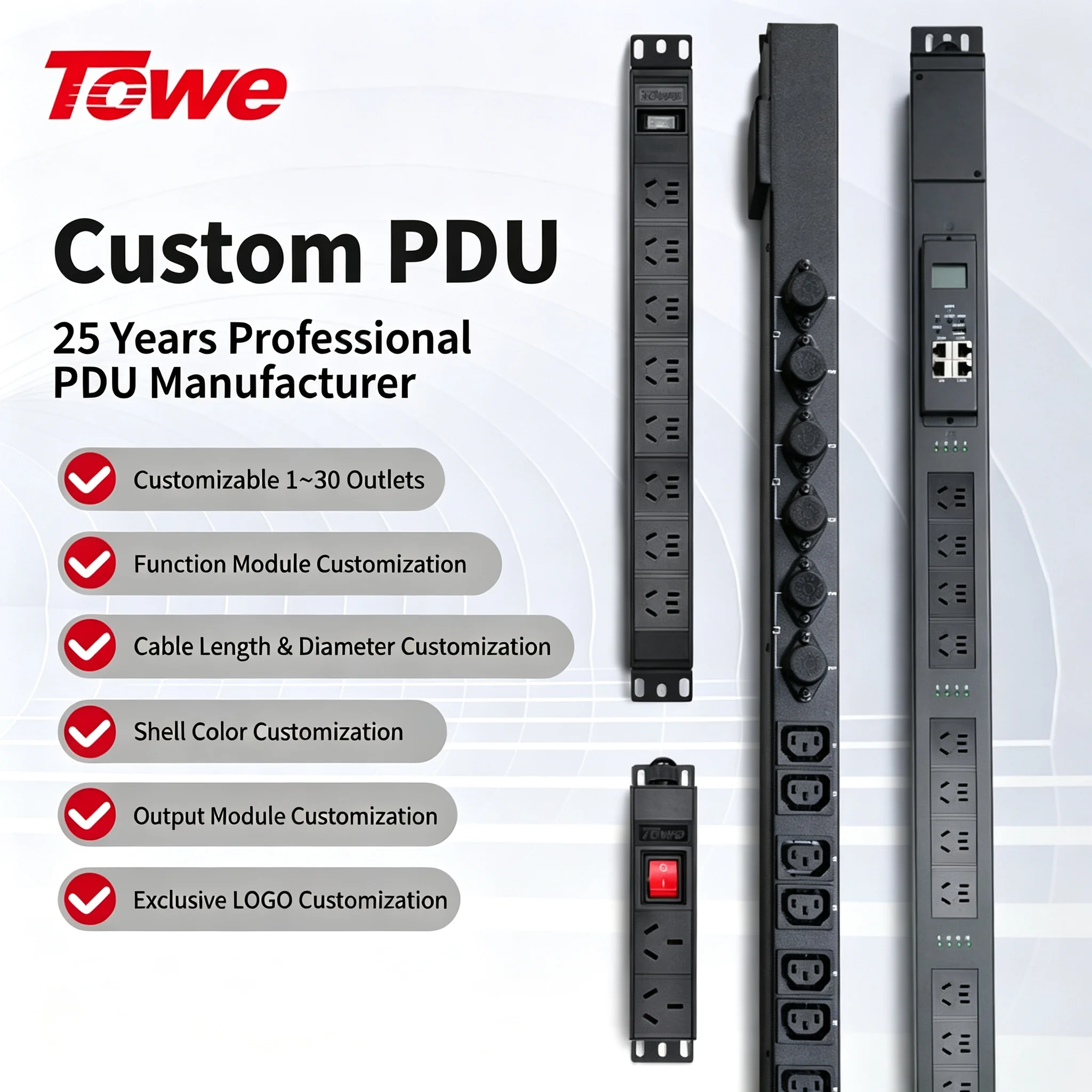 TOWE OEM ODM Custom Rack Mount PDU Configurable IEC Power Distribution Unit Modular Outlet Manufacturer for Data Center