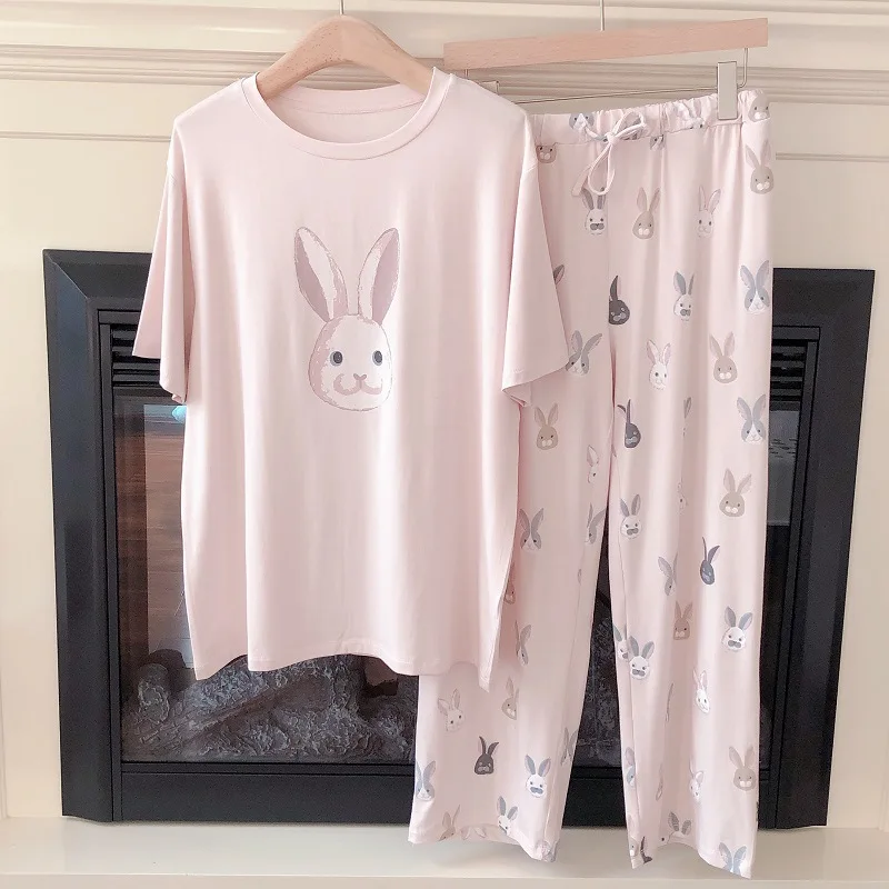 Japanese Ice Cream Cartoon Cat Rabbit Pajama Summer Women Short-sleeved Tops Pants Cotton Casual Loose Loungewear Kawaii Clothes