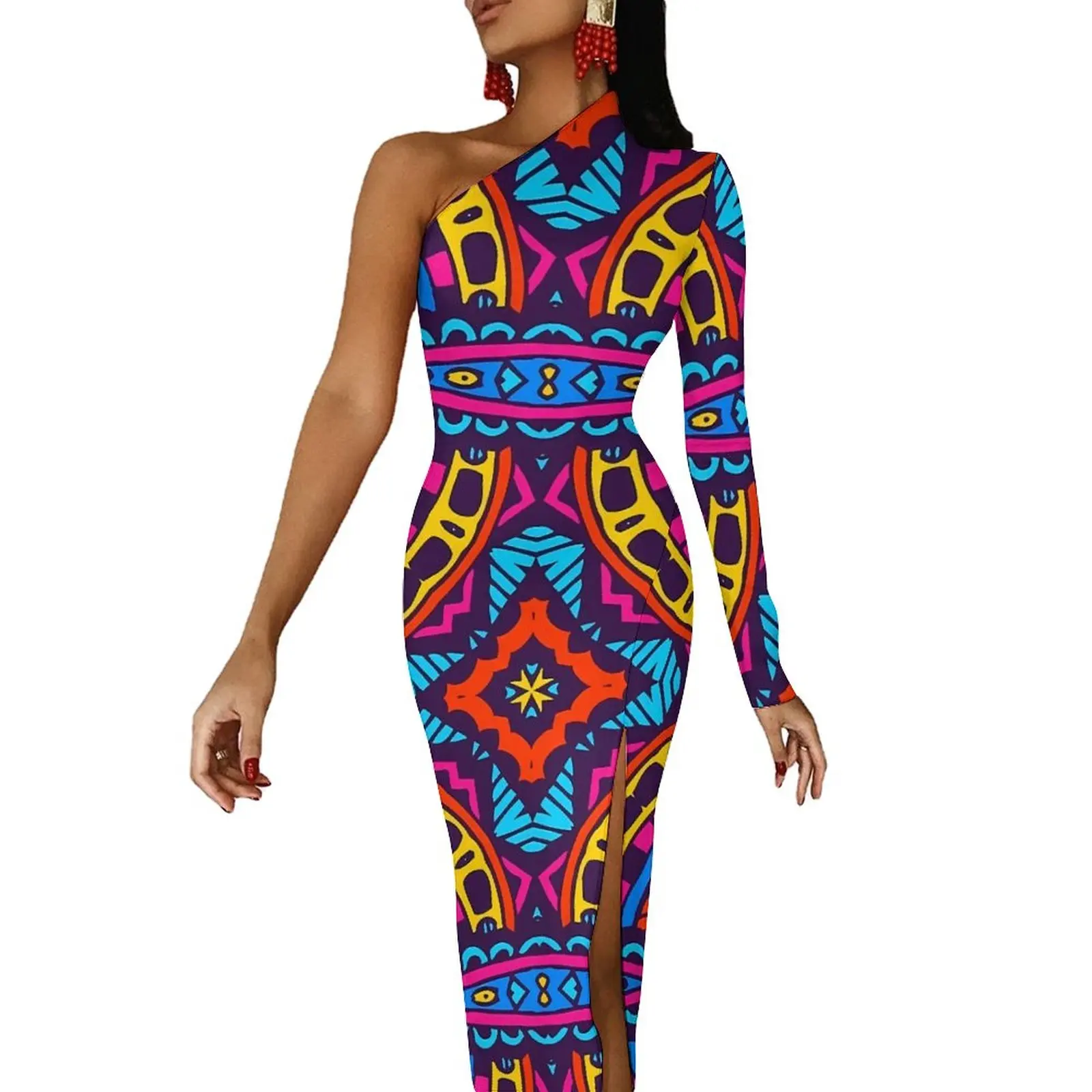 Tribal Print Bodycon Dress Autumn Aztec Tribal Boho Style Modern High Slit Long Dresses Long Sleeve Custom Aesthetic Dress