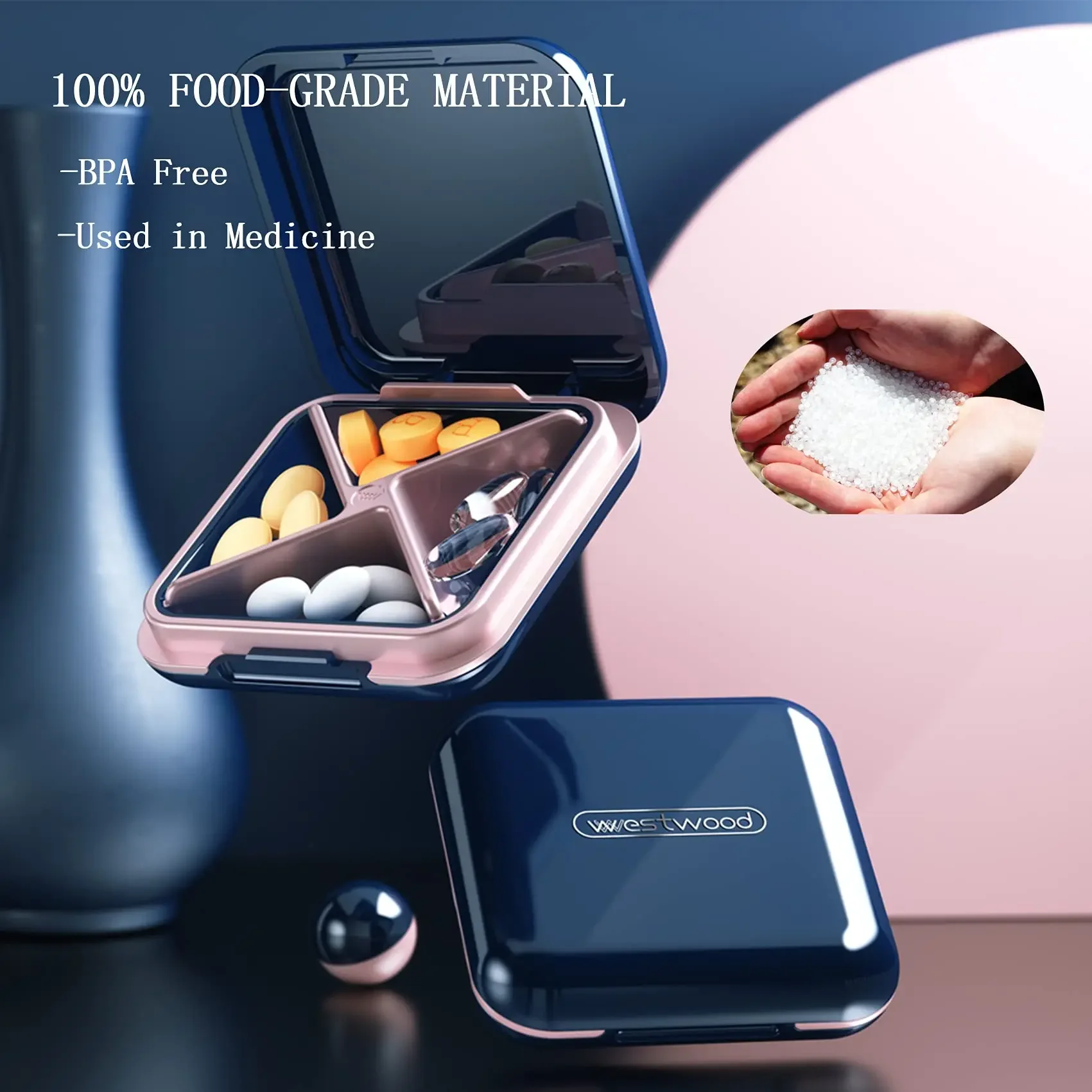 Small Pill Box Portable Medicine Organizer, Cute Daily Pill Box For Pocket, Waterproof 4 Compartment Travel Pill Container