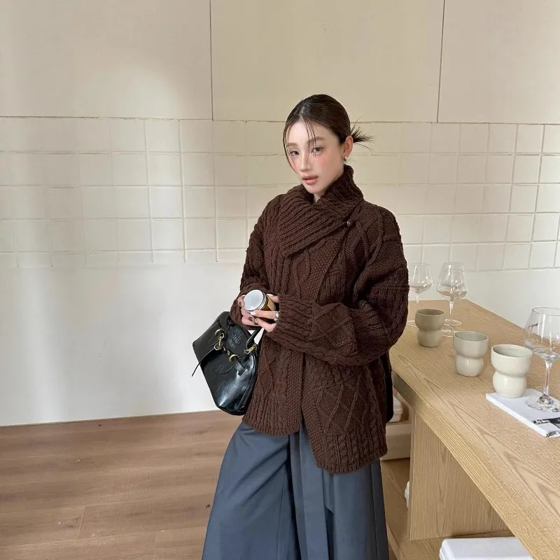 

YYAHAHAS 2025 асимметричный свитер с лацканами для женщин осень/зима стильный повседневный дизайн вязаный кардиган на одной пуговице