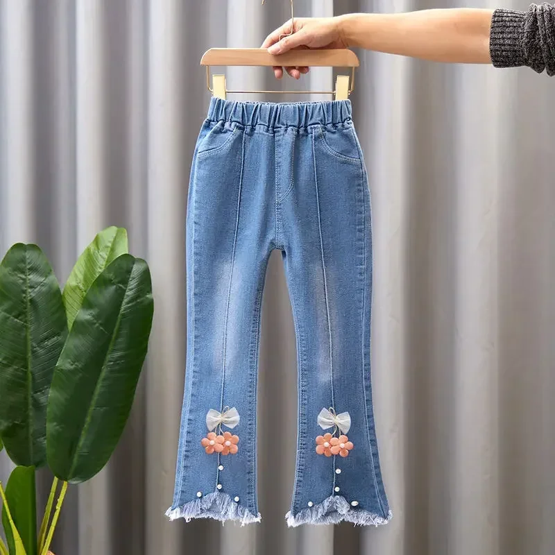 Girls Jeans Pants New Kids Denim Trousers Children Fashion Bell Bottoms Spring Autumn Baby Girls Cute Casual Pants 4-10 Years