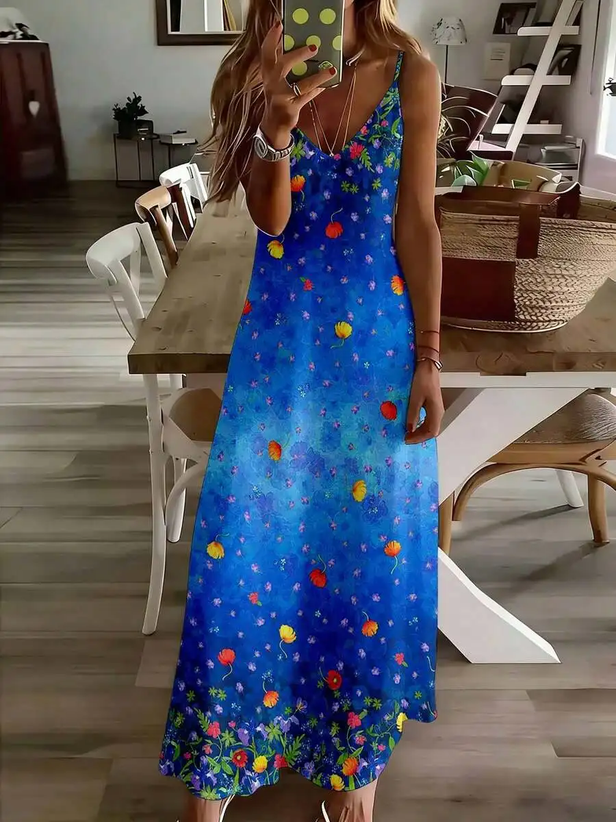 

Blue Floral Print Sleeveless Maxi Dress With Thin Straps For Summer Beach Garden Casual Wear
