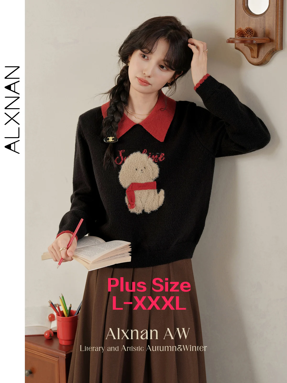 ALXNAN Plus Size Women's Winter Sweater 2024 Puppy Pattern Temperament Knitwear Polo Collar Age Reduction Long Sleeve Top D09018