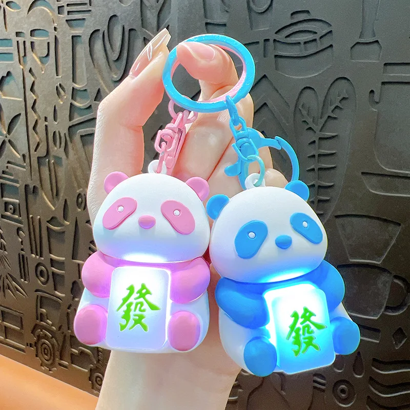 Creative Mahjong Panda Luminous Keychain Cte Cartoon Glowing Animal Key Ring Kawaii Panda Doll Bag Car Pendant for Women Couple