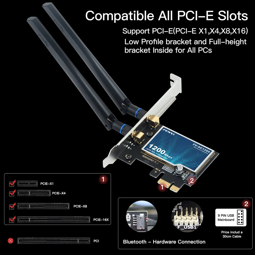 Fenvi-ワイヤレスネットワークカード,wifi 5,ac1200,pci-e,bt4.0,デュアルバンド,2.4g,5ghz,802.11ac,デスクトップ,ラップトップ,pc,Windows 7, 10, 11