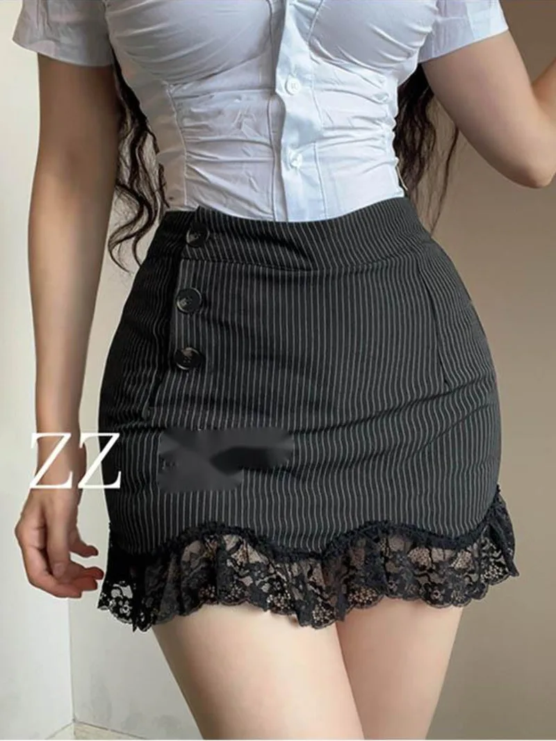 Fashion Sexy Women Mini Skirts RUFFLES New Elegant Feminine Striped Lace Patchwork Sexy High Waist Skirt Korean Sweet 67M4