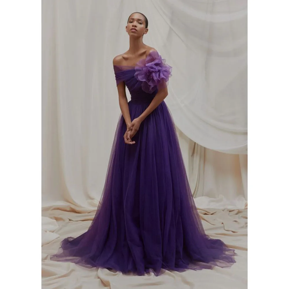 

High Quality Purple Evening Party Dresses Strapless Floor Length A-Line Fancy Flower Tailor Made Female Banquet Prom Gowns