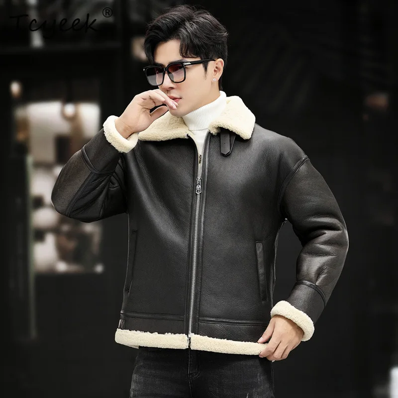 Tcyeek Natural Sheep Fur Coat Genuine Leather Motorcycle Jacket Men Warm Winter Clothes Lamb Wool Real Fur Coats Male Loose Fit