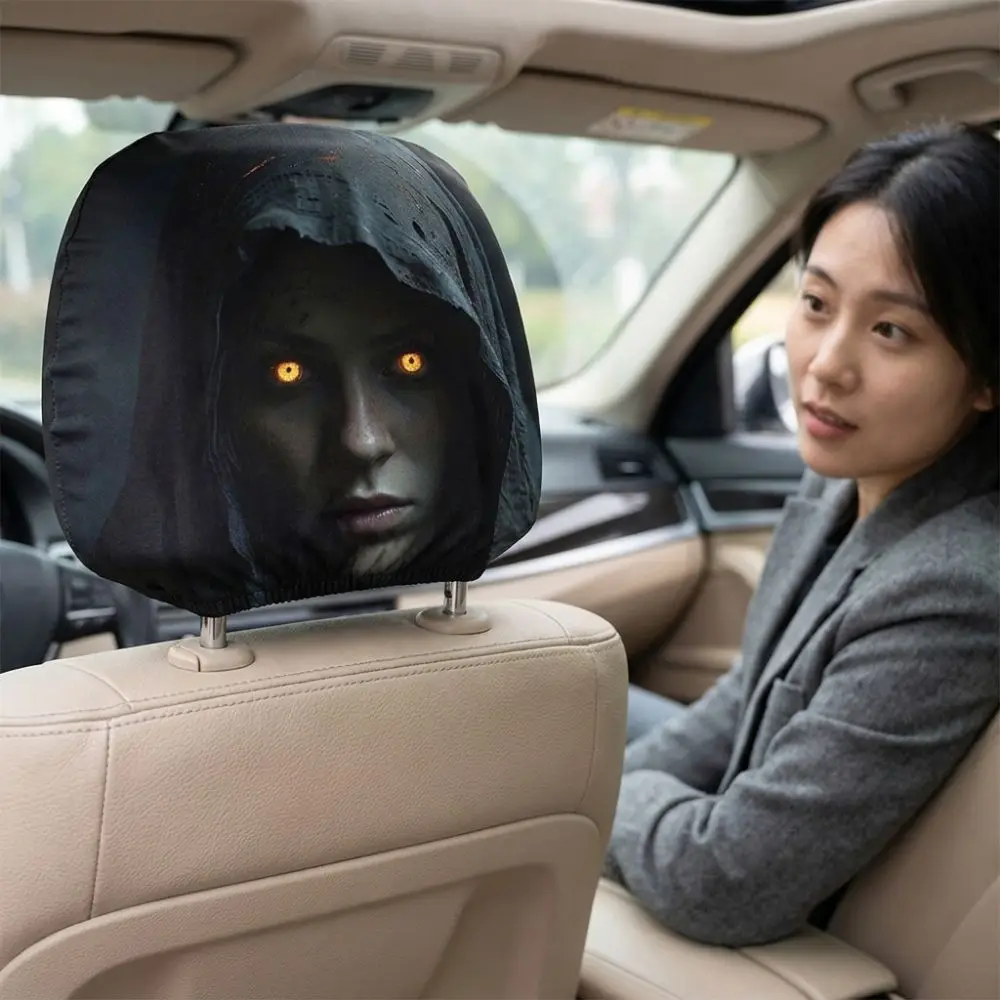 2Pcs Elastic Halloween Car Headrest Covers Scary Nun Skull Soft Comfortable Stretch Headrest Protector Breathable Dark Pumpkin