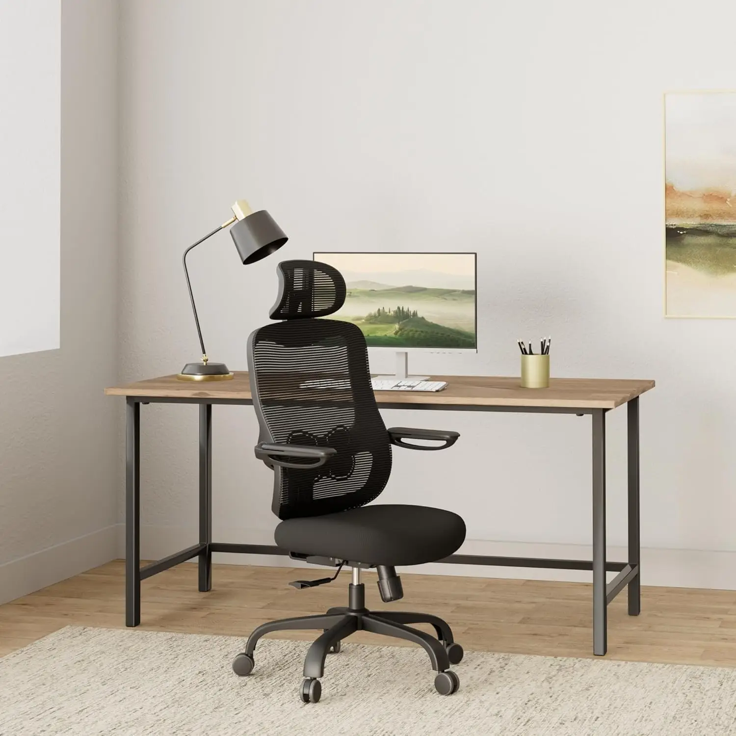 Ergonomic office chair, weighing 350 pounds, with adjustable mesh high back, lumbar support, 3D headrest, and foldable arms