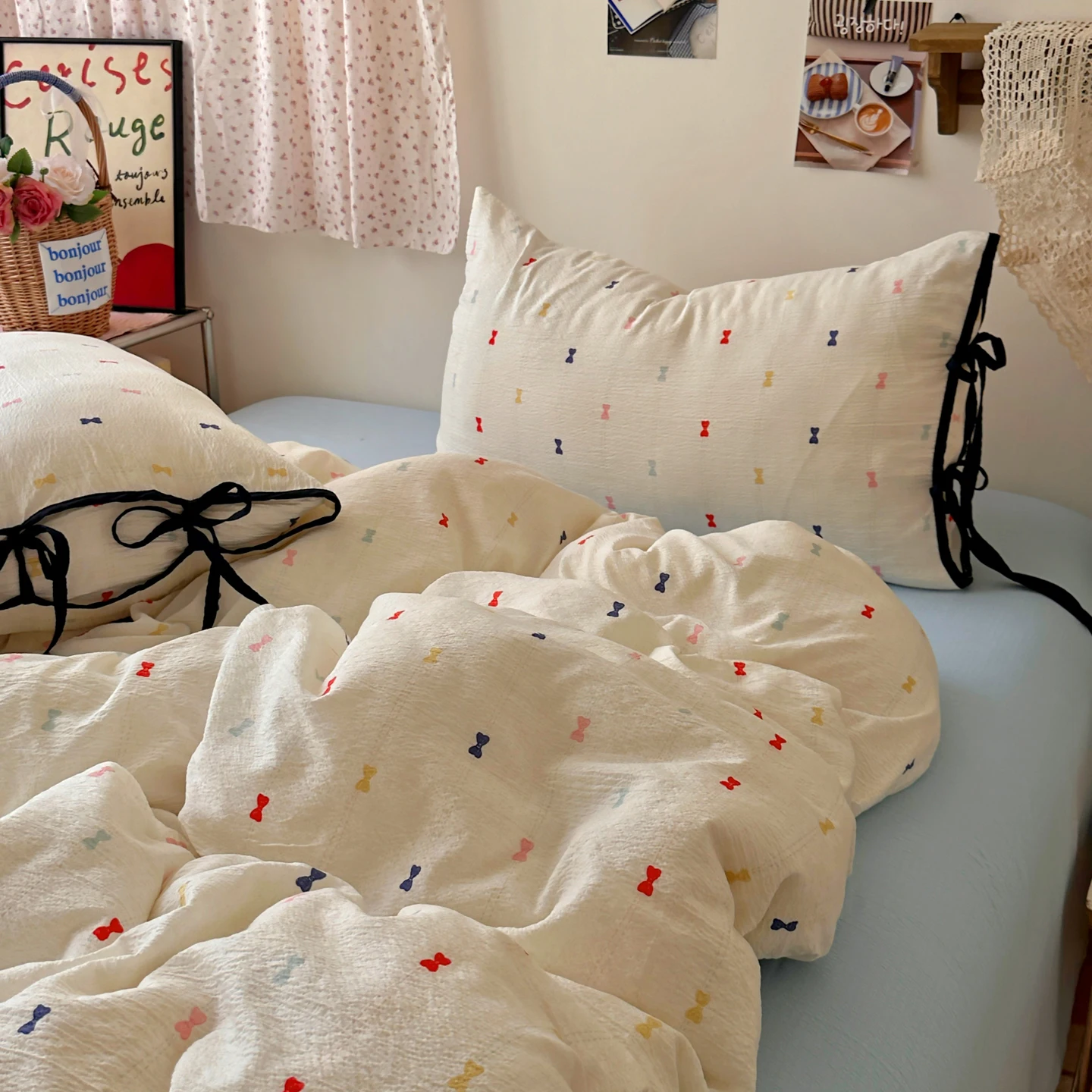 Korean Bedding Set Adults Kids Twin Full Queen Size Soft Bed Flat Sheet Duvet Cover Set Pillowcases Simple Bed Linen