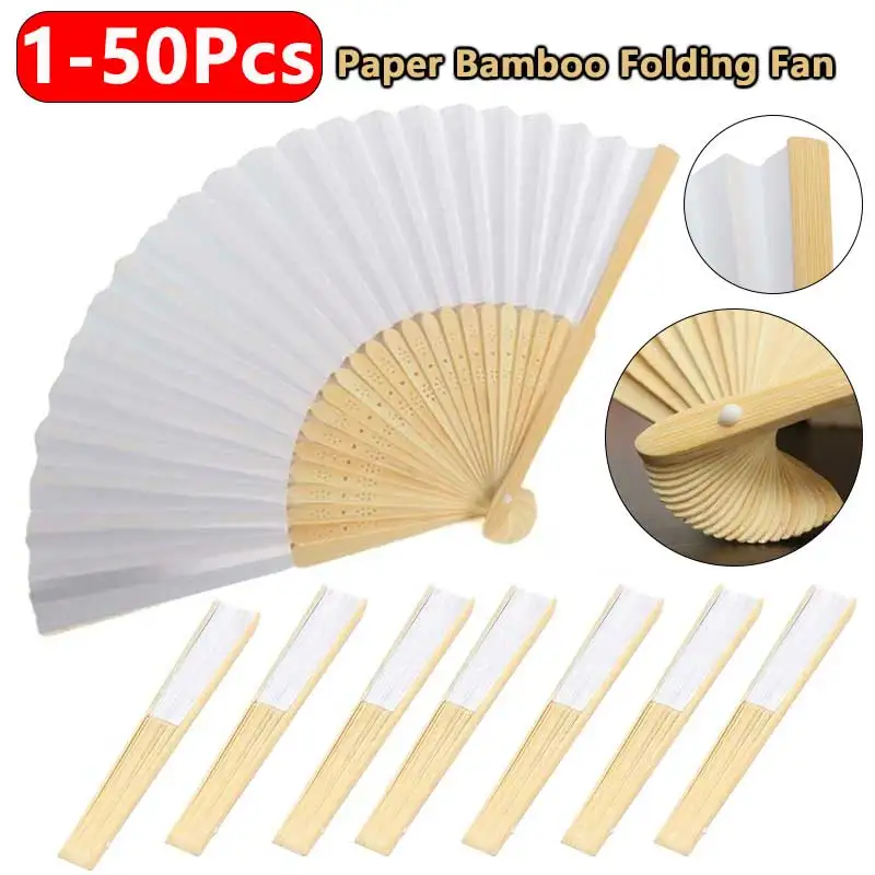 

1-50Pcs Paper Bamboo Folding Fan Adults Children's Calligraphy Painting Practice Blank White DIY Folding Fan Wedding Party Gift