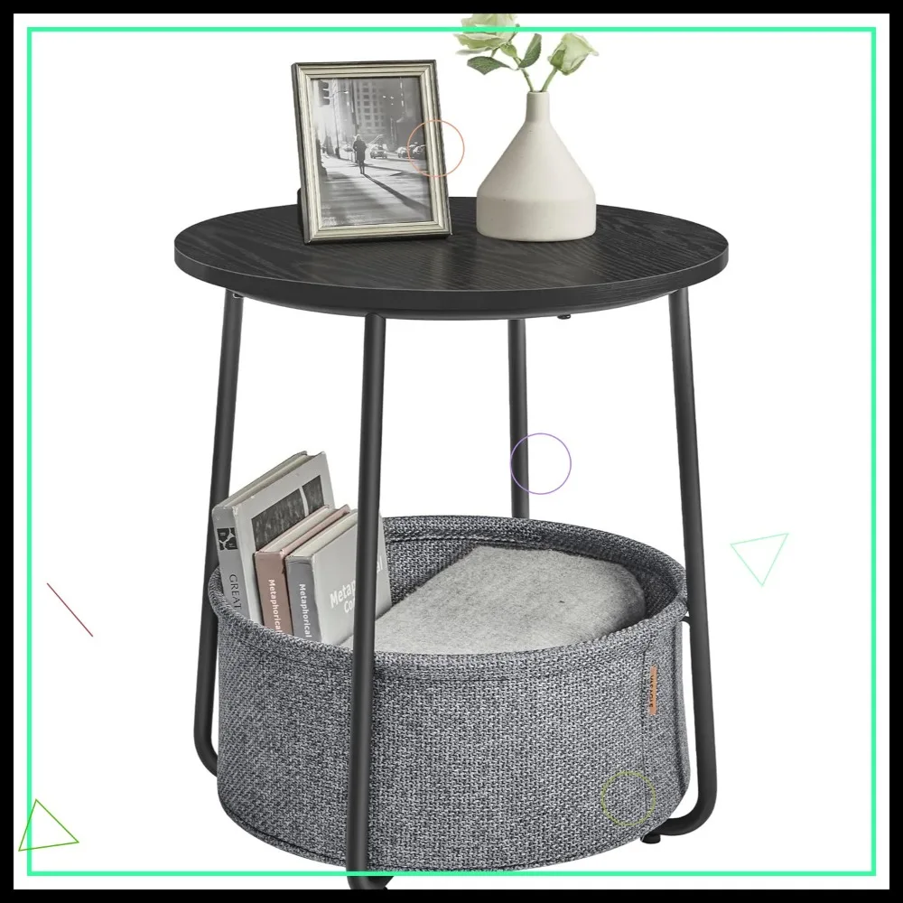 ファブリックバスケット付きのモダンな丸型サイドテーブル、寝室やリビングルーム用の小さなナイトスタンド、簡単な組み立て