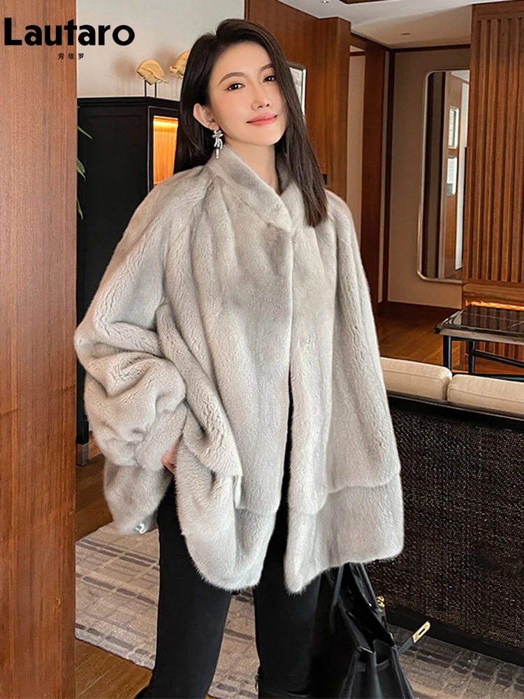 

Lautaro Autumn Winter Thick Warm Soft Faux Mink Fur Coat Women Raglan Sleeve Stand Collar Luxury Chic Elegant Fluffy Jacket 2026