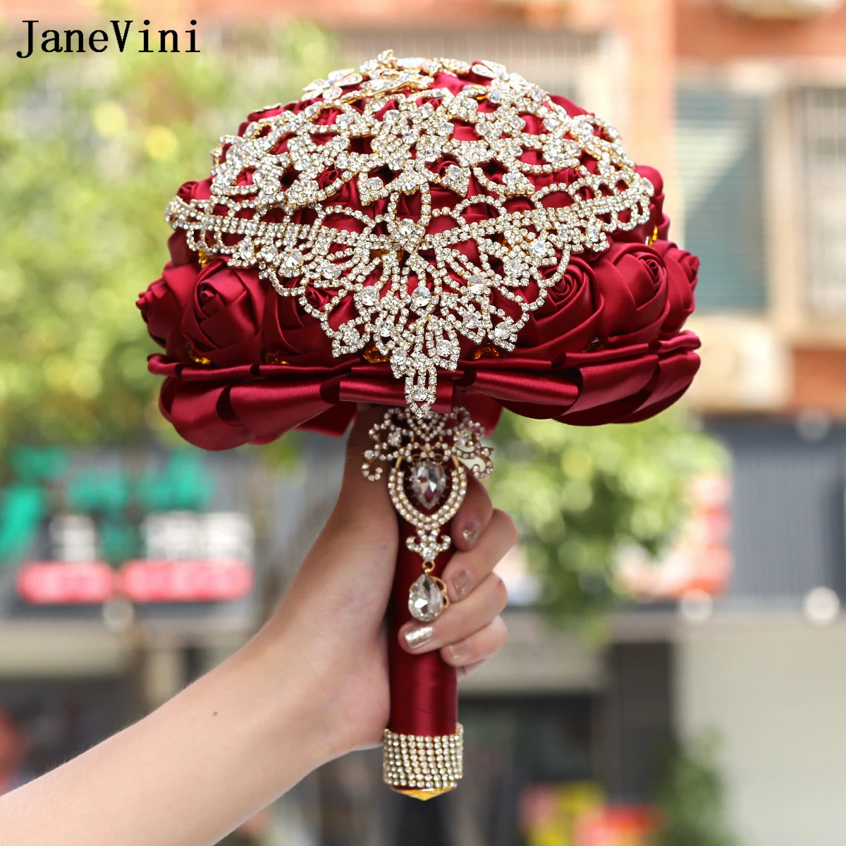 JaneVini Luxury European Dark Red Flowers Bridal Bouquets Bling Gold Rhinestones Artificial Satin Roses Wedding Brooch Bouquet