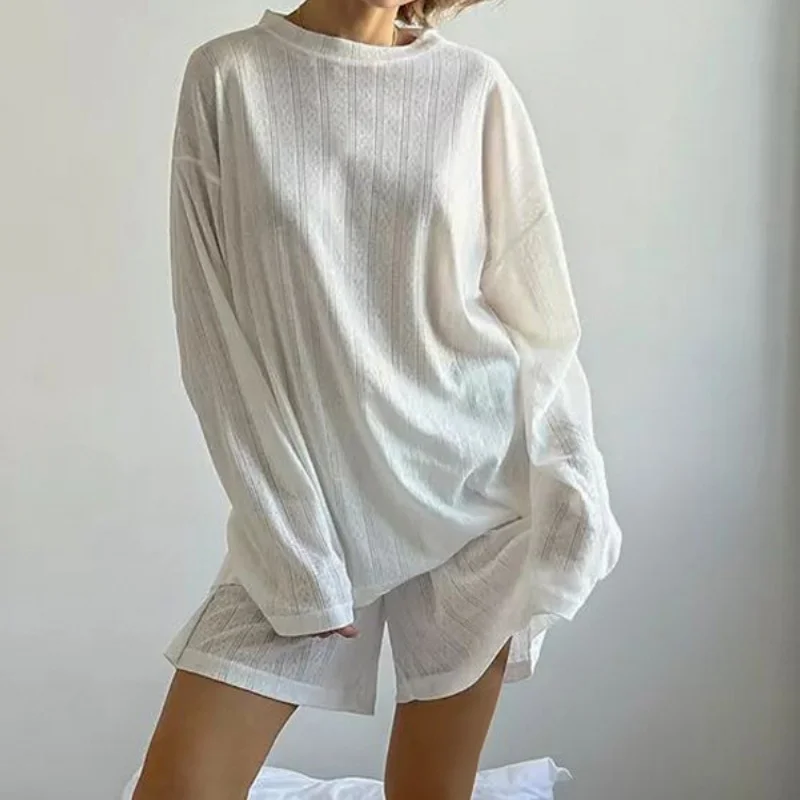 Two-Piece White Loungewear Sets Women's Casual Long Sleeve Loose T-Shirts and Shorts Outfit for Soft Sleepwear Pajamas Set