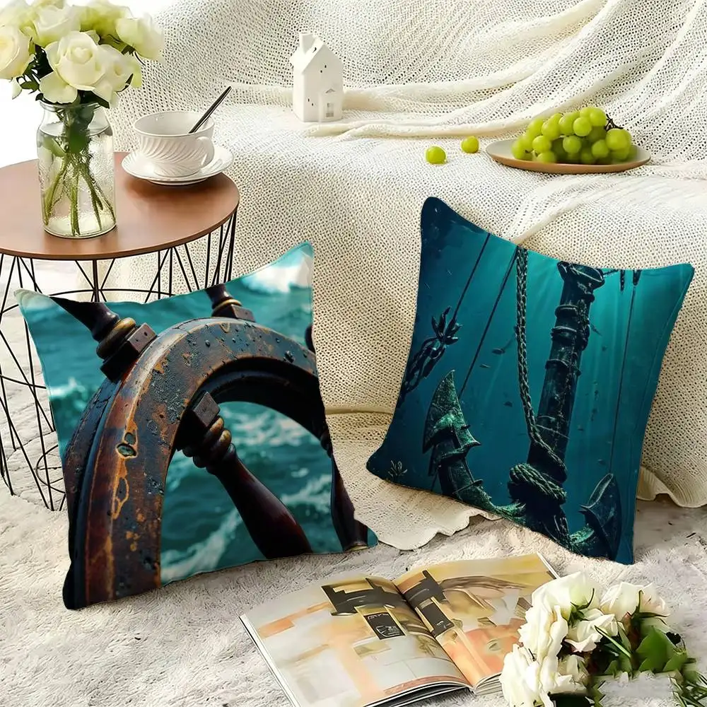 Anchor Boat Ship Wheel Square Double-Sided printed Pillow Case Bedroom Bedside Pillow Sofa Cushion Cover