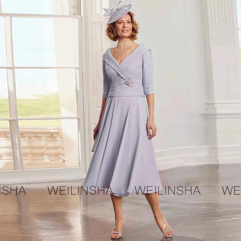 Chic Groom's Mother Dresses Chiffon A-line Cocktail Party Dresses Fuchsia V-neck Pleat Beads Ruched Mother of the Bride Dresses