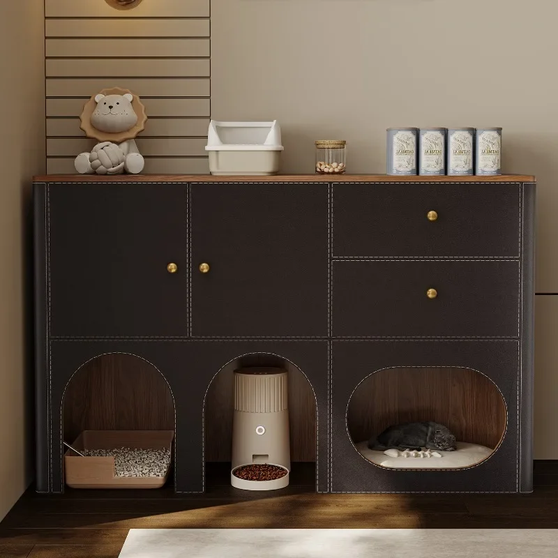 cat nest storage cabinet, pet cat litter box above storage cabinet, modern retro style home living room entrance storage chest