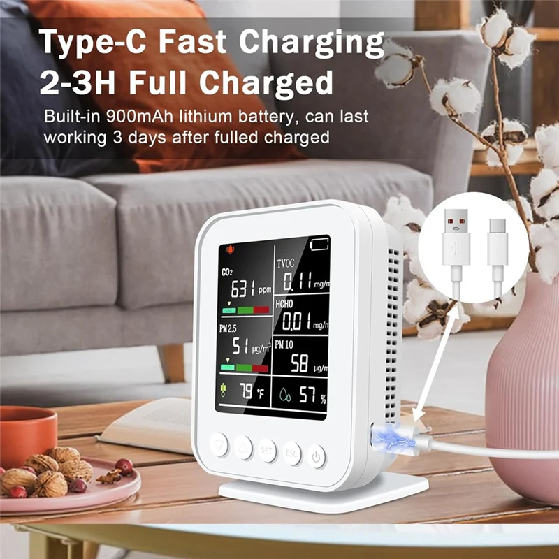 AIAI Smart 7 In 1 Air Quality Monitor With PM2.5, CO2 Detector With Alarm, Temperature & Humidity Sensors, LED Display