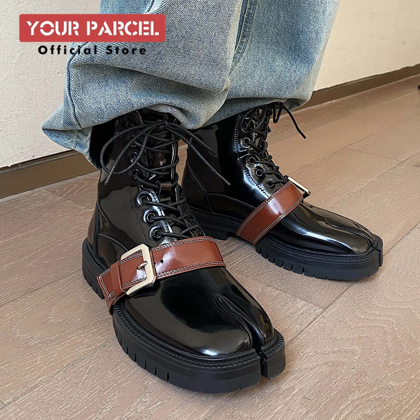 Tabi boots for men's autumn and winter casual short leather boots unisex lace up high cut split toe leather shoes for women