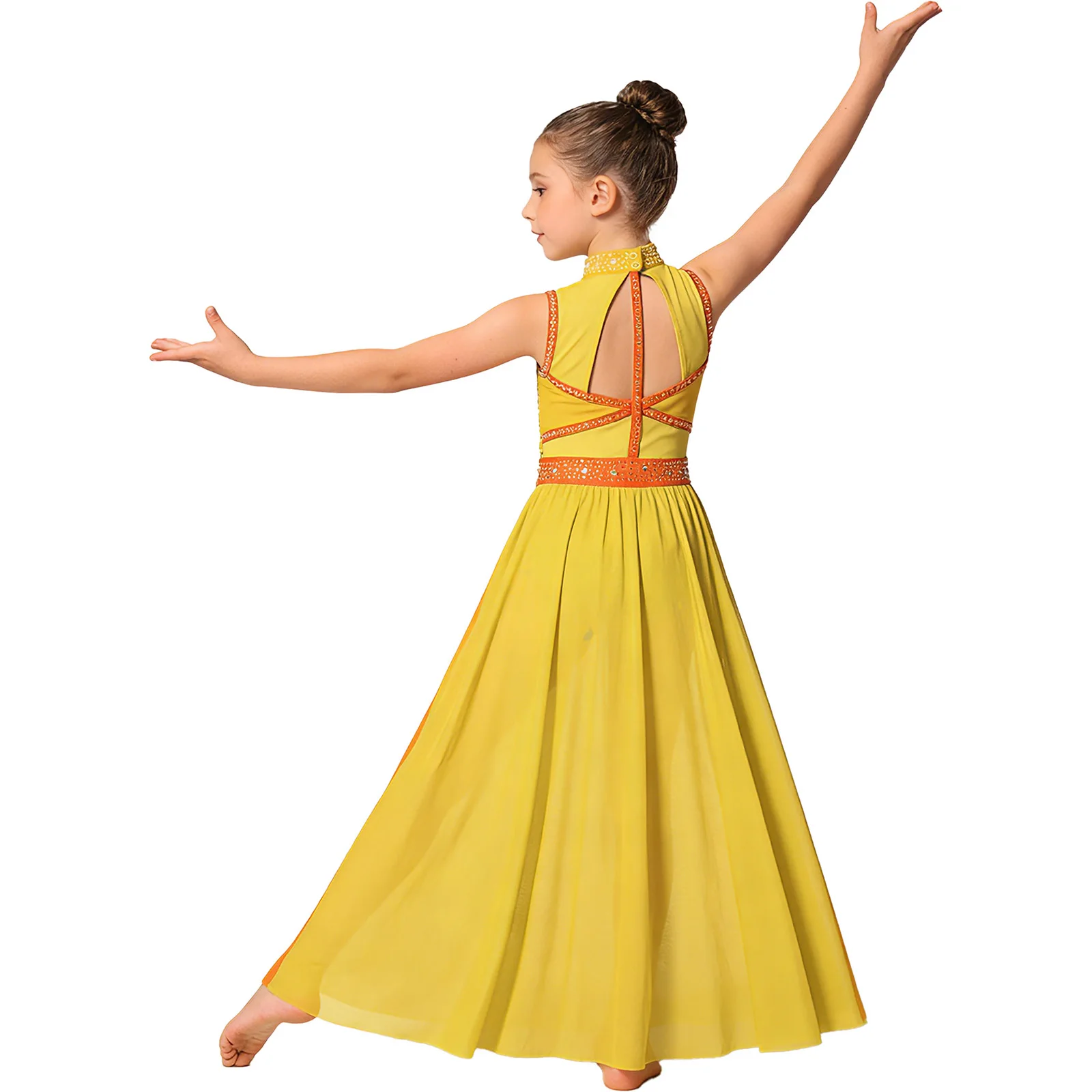 Kids Girls Lyrical Dance Dress Shiny Rhinestone Sheer Mesh Leotard Dresses Skating Gymnastics Acrobatics Worship Choir Dancewear
