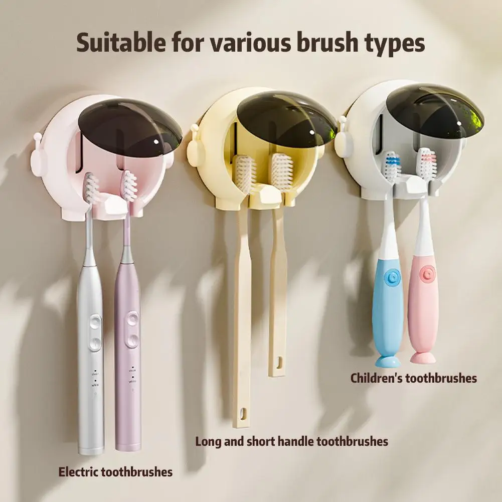 Wall Mounted Astronaut Toothbrush Holder With Cover Bathroom Self Adhesive Couple Toothbrush Storage Organizer Toothbrush Hanger