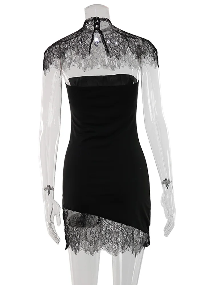 CNYISHE Strapless Solid Lace Patchwork Women Dresses Sheath Sexy Club Hip Wrap Bodycon Vestidos Female Outfits Party Chic