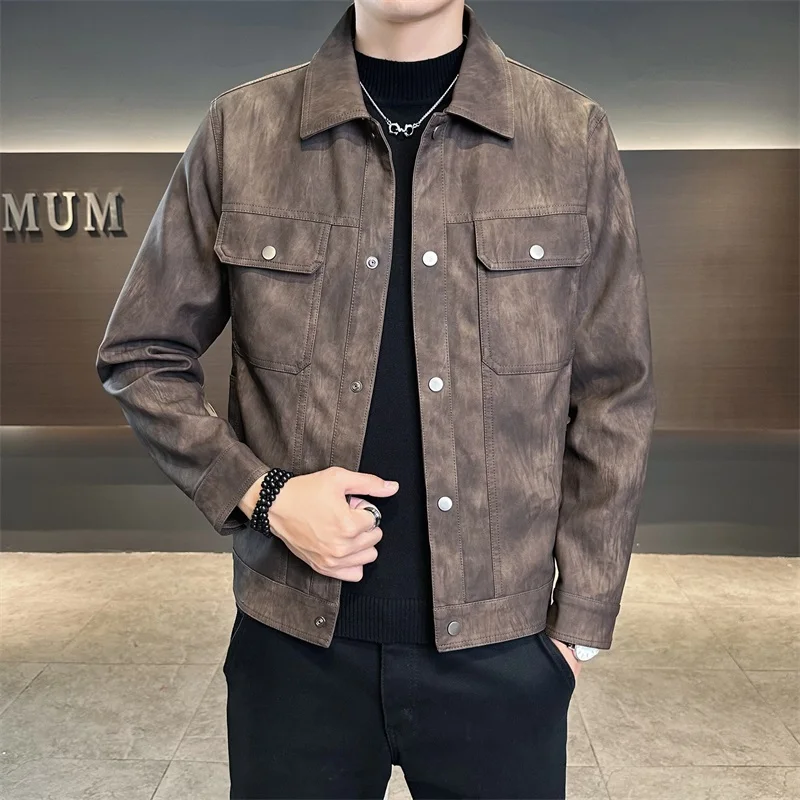 

2025 Autumn Retro PU Leather Jacket for Men Slim Casual Motorcycle Jackets Turn Down Collar Business Street Wear Leather Coats
