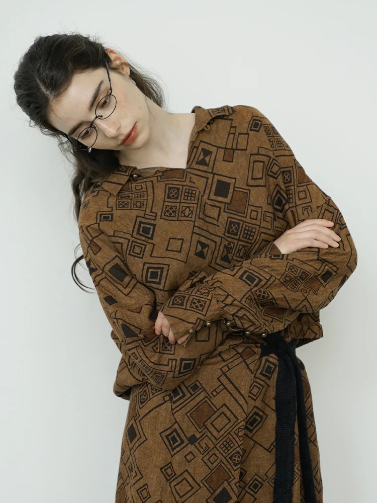 

Ретро-рубашка из фланелевого льна с принтом, винтажный свободный крой, женский топ, новинка, коллекция Весна-Лето от Wuxing