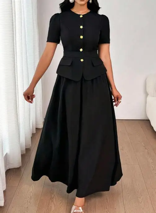 

2025 Temperament Short Sleeved Jacket Half Skirt Two-Piece Long Skirt Set