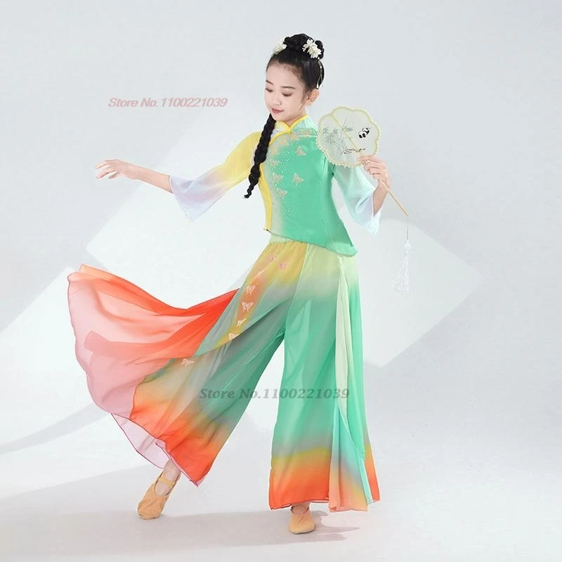 2025年中国風ヴィンテージ子供ダンス衣装蝶プリントグラデーションカラー漢服トップス+パンツセットステージパフォーマンス民族衣装