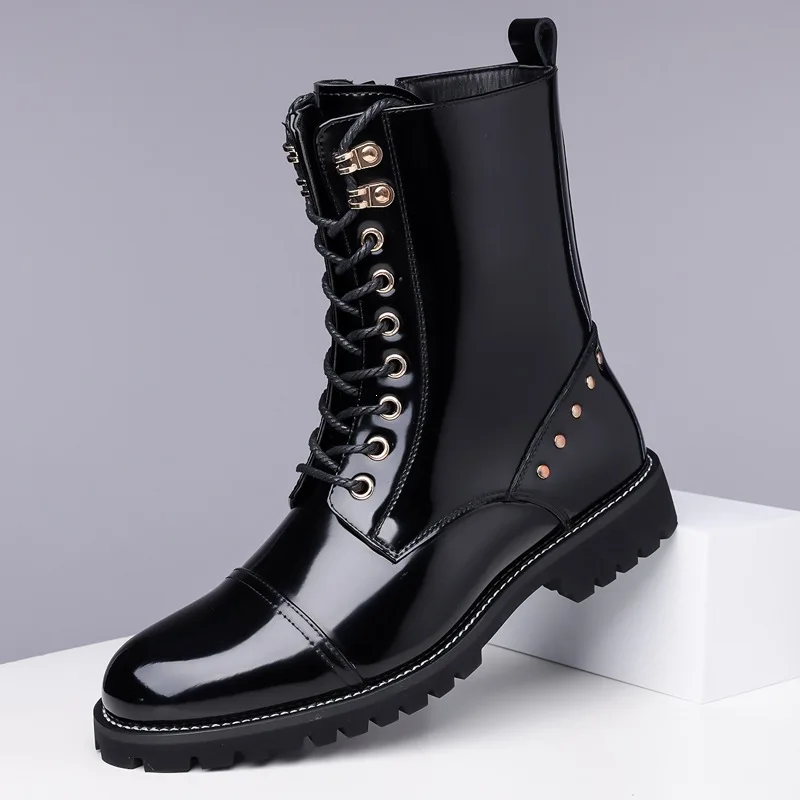 Botines de Hombre Negros con Superficie de Espejo, Diseño Clásico, Estilo Casual, Botas Altas, Zapatos Punk Rock Autumn