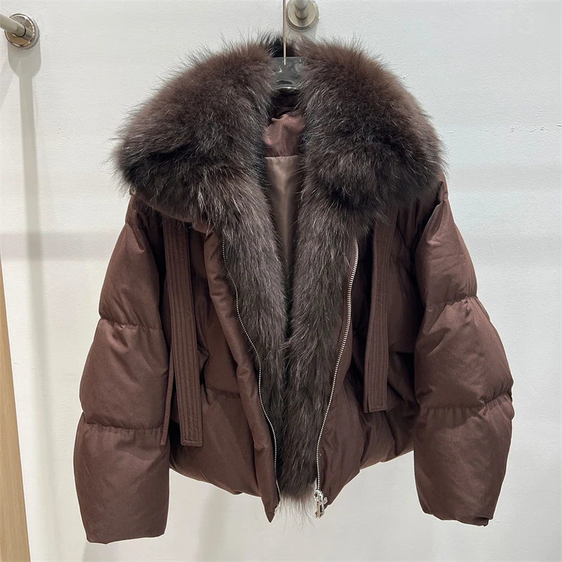 New Winter Short Down Jacket with Large Genuine Raccoon Fur Collar High-Quality Stylish Loose-Fit Thickened & Warm Puffer Jacket