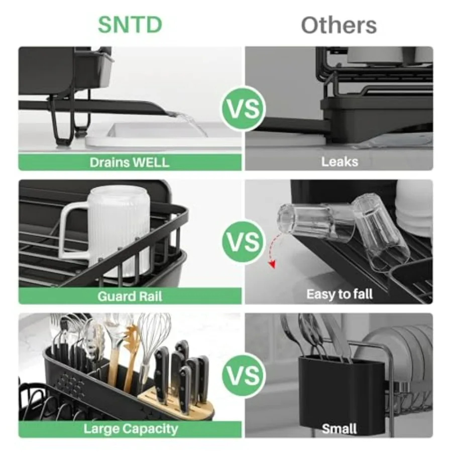 대형 확장형 주방 식기 건조대, 수저통 포함, 스테인리스 스틸 녹 방지 식기 건조대, 블랙 색상, 이상적인 선택