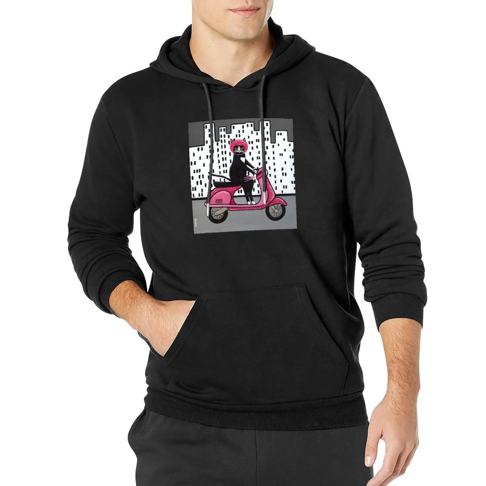 

Tuxedo Cat on a Moped Pullover Hoodie streetwear men autumn new in hoodies