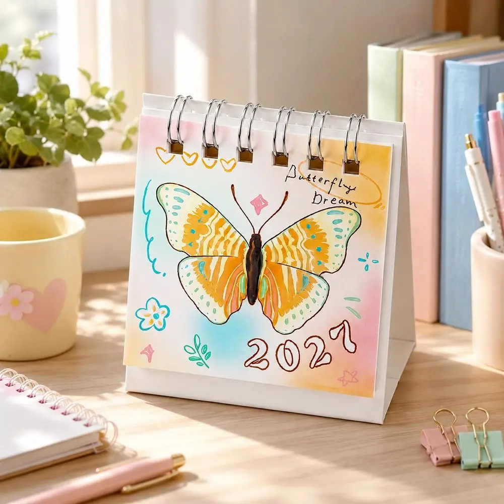 Simple Butterfly Pattern 2027 Desk Calendar Portable Standing Design Flip Calendar Paper Standing Calendar Home Study